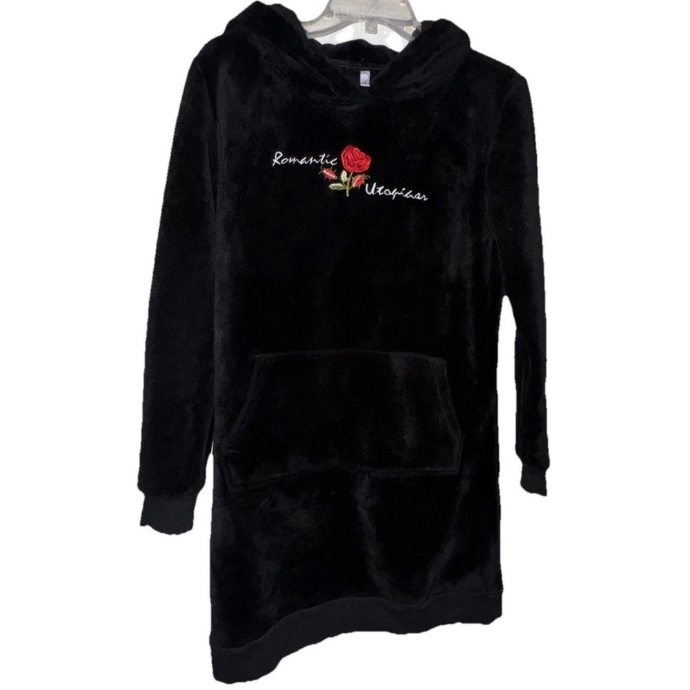 Blue Bay Velour Hoodie Oversized Embroidered Roses Pockets  Warm Cozy Women's XL